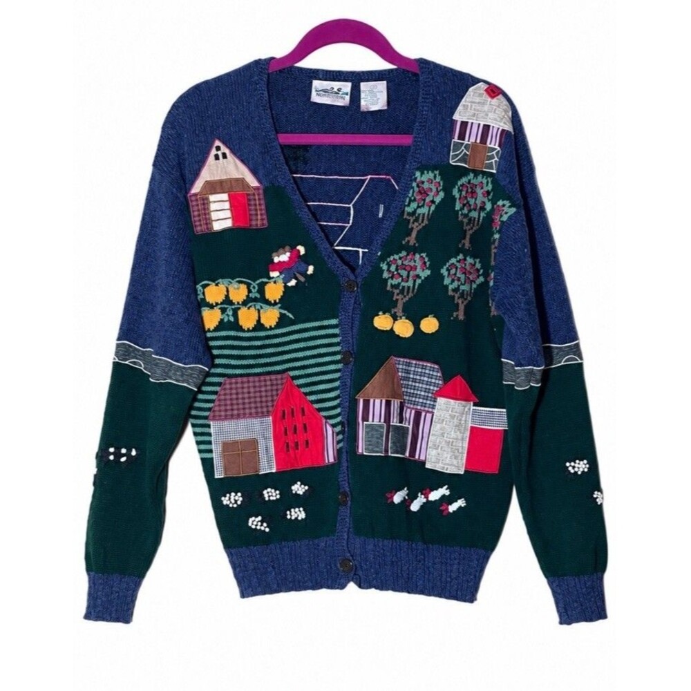 Northern Reflections Barn Scene Button Front Cardigan Sweater L Cottagecore Cozy